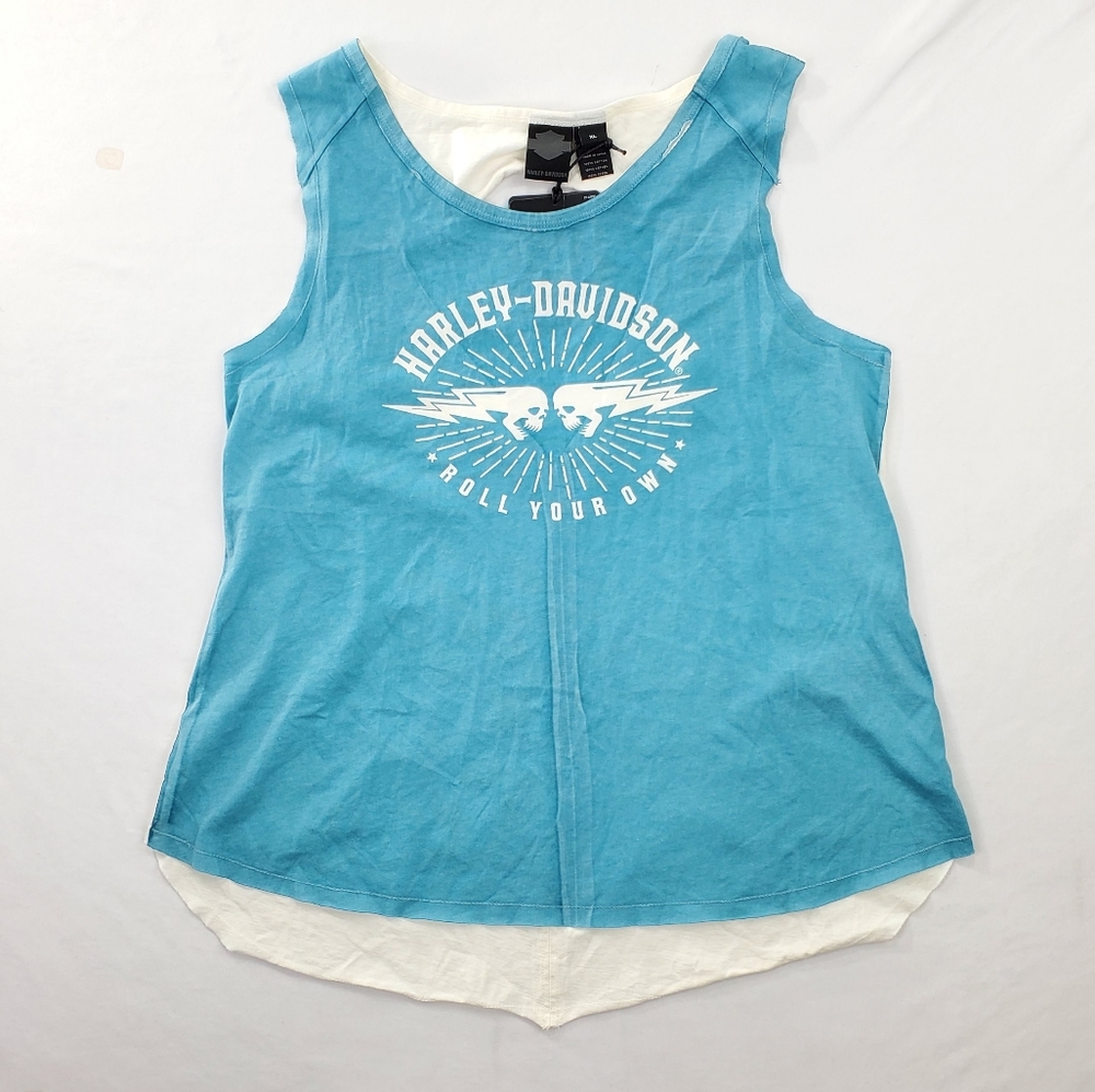 Harley Davidson Wmns XL Tank Top T-Shirt “Roll Your Own" Teal Blue Long Tail NEW